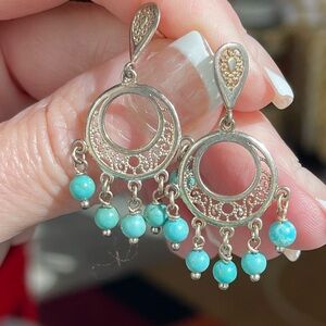 Signed 925 Milano Silver Filigree & Turquoise Chandelier Earrings